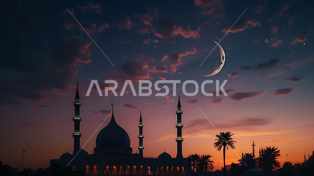 ديكورات وتصاميم متميزة على الطراز الاسلامي للقبب والمآذن المضيئة ليلا، الفن الهندسي المعماري للمساجد، مسجد عربي فاخر، العبادة والتقرب إلى الله، آداء الفرائض والصلوات، خلفيات دينية رمضانية، منظر الهلال في السماء