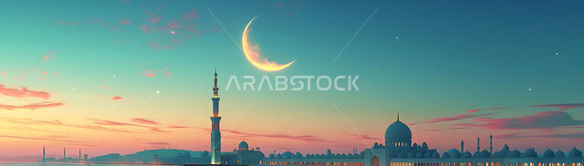 ديكورات وتصاميم متميزة على الطراز الاسلامي للقبب والمآذن المضيئة ليلا، الفن الهندسي المعماري للمساجد، مسجد عربي فاخر، العبادة والتقرب إلى الله، آداء الفرائض والصلوات، خلفيات دينية رمضانية، منظر الهلال في السماء