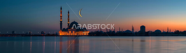 ديكورات وتصاميم متميزة على الطراز الاسلامي للقبب والمآذن المضيئة ليلا، الفن الهندسي المعماري للمساجد، مسجد عربي فاخر، العبادة والتقرب إلى الله، آداء الفرائض والصلوات، خلفيات دينية رمضانية، منظر الهلال في السماء
