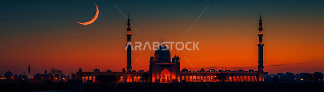 ديكورات وتصاميم متميزة على الطراز الاسلامي للقبب والمآذن المضيئة ليلا، الفن الهندسي المعماري للمساجد، مسجد عربي فاخر، العبادة والتقرب إلى الله، آداء الفرائض والصلوات، خلفيات دينية رمضانية، منظر الهلال في السماء