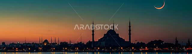 ديكورات وتصاميم متميزة على الطراز الاسلامي للقبب والمآذن المضيئة ليلا، الفن الهندسي المعماري للمساجد، مسجد عربي فاخر، العبادة والتقرب إلى الله، آداء الفرائض والصلوات، خلفيات دينية رمضانية، منظر الهلال في السماء