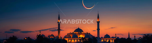 ديكورات وتصاميم متميزة على الطراز الاسلامي للقبب والمآذن المضيئة ليلا، الفن الهندسي المعماري للمساجد، مسجد عربي فاخر، العبادة والتقرب إلى الله، آداء الفرائض والصلوات، خلفيات دينية رمضانية، منظر الهلال في السماء