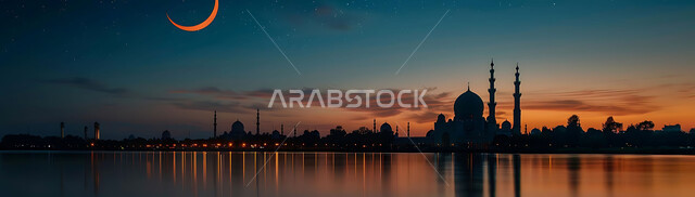 ديكورات وتصاميم متميزة على الطراز الاسلامي للقبب والمآذن المضيئة ليلا، الفن الهندسي المعماري للمساجد، مسجد عربي فاخر، العبادة والتقرب إلى الله، آداء الفرائض والصلوات، خلفيات دينية رمضانية، منظر الهلال في السماء