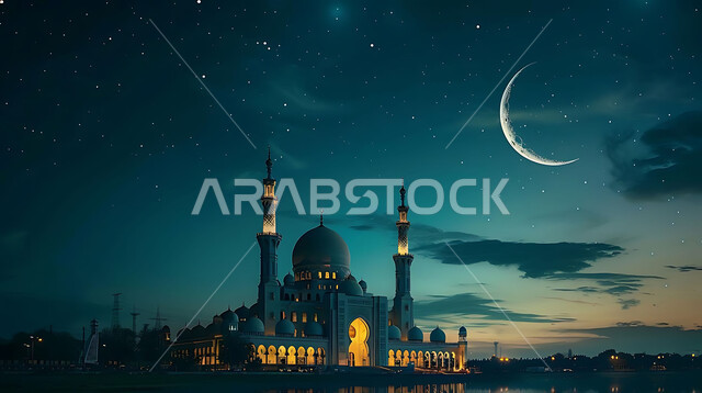 ديكورات وتصاميم متميزة على الطراز الاسلامي للقبب والمآذن المضيئة ليلا، الفن الهندسي المعماري للمساجد، مسجد عربي فاخر، العبادة والتقرب إلى الله، آداء الفرائض والصلوات، خلفيات دينية رمضانية، منظر الهلال في السماء