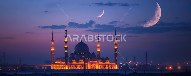 ديكورات وتصاميم متميزة على الطراز الاسلامي للقبب والمآذن المضيئة ليلا، الفن الهندسي المعماري للمساجد، مسجد عربي فاخر، العبادة والتقرب إلى الله، آداء الفرائض والصلوات، خلفيات دينية رمضانية، منظر الهلال في السماء