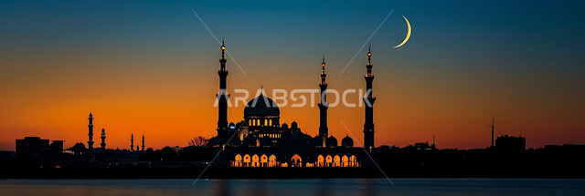 ديكورات وتصاميم متميزة على الطراز الاسلامي للقبب والمآذن المضيئة ليلا، الفن الهندسي المعماري للمساجد، مسجد عربي فاخر، العبادة والتقرب إلى الله، آداء الفرائض والصلوات، خلفيات دينية رمضانية، منظر الهلال في السماء