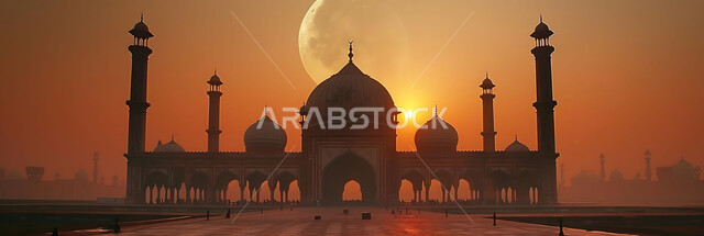 ديكورات وتصاميم متميزة على الطراز الاسلامي للقبب والمآذن المضيئة ليلا، الفن الهندسي المعماري للمساجد، مسجد عربي فاخر، العبادة والتقرب إلى الله، آداء الفرائض والصلوات، خلفيات دينية رمضانية، منظر الهلال في السماء