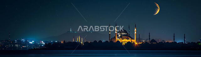 ديكورات وتصاميم متميزة على الطراز الاسلامي للقبب والمآذن المضيئة ليلا، الفن الهندسي المعماري للمساجد، مسجد عربي فاخر، العبادة والتقرب إلى الله، آداء الفرائض والصلوات، خلفيات دينية رمضانية، منظر الهلال في السماء