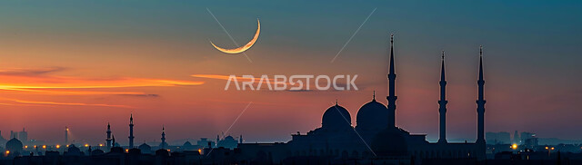ديكورات وتصاميم متميزة على الطراز الاسلامي للقبب والمآذن المضيئة ليلا، الفن الهندسي المعماري للمساجد، مسجد عربي فاخر، العبادة والتقرب إلى الله، آداء الفرائض والصلوات، خلفيات دينية رمضانية، منظر الهلال في السماء