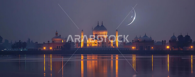 ديكورات وتصاميم متميزة على الطراز الاسلامي للقبب والمآذن المضيئة ليلا، الفن الهندسي المعماري للمساجد، مسجد عربي فاخر، العبادة والتقرب إلى الله، آداء الفرائض والصلوات، خلفيات دينية رمضانية، منظر الهلال في السماء