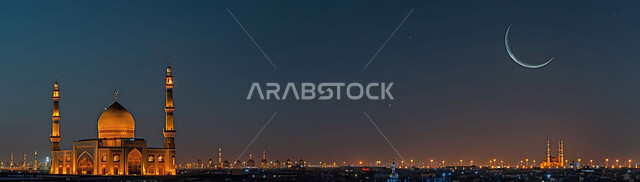 ديكورات وتصاميم متميزة على الطراز الاسلامي للقبب والمآذن المضيئة ليلا، الفن الهندسي المعماري للمساجد، مسجد عربي فاخر، العبادة والتقرب إلى الله، آداء الفرائض والصلوات، خلفيات دينية رمضانية، منظر الهلال في السماء