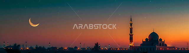 ديكورات وتصاميم متميزة على الطراز الاسلامي للقبب والمآذن المضيئة ليلا، الفن الهندسي المعماري للمساجد، مسجد عربي فاخر، العبادة والتقرب إلى الله، آداء الفرائض والصلوات، خلفيات دينية رمضانية، منظر الهلال في السماء