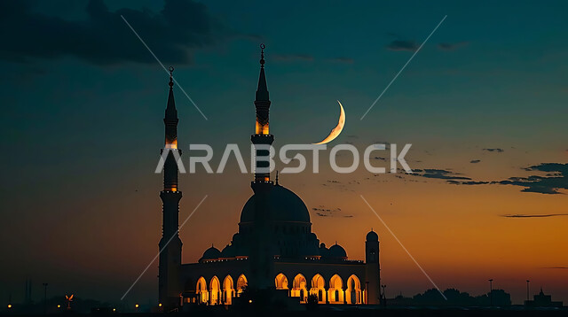 ديكورات وتصاميم متميزة على الطراز الاسلامي للقبب والمآذن المضيئة ليلا، الفن الهندسي المعماري للمساجد، مسجد عربي فاخر، العبادة والتقرب إلى الله، آداء الفرائض والصلوات، خلفيات دينية رمضانية، منظر الهلال في السماء