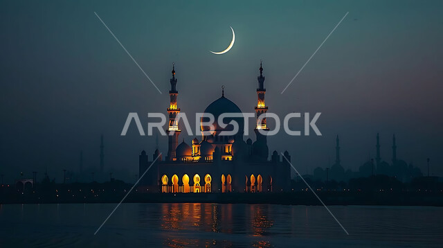 ديكورات وتصاميم متميزة على الطراز الاسلامي للقبب والمآذن المضيئة ليلا، الفن الهندسي المعماري للمساجد، مسجد عربي فاخر، العبادة والتقرب إلى الله، آداء الفرائض والصلوات، خلفيات دينية رمضانية، منظر الهلال في السماء