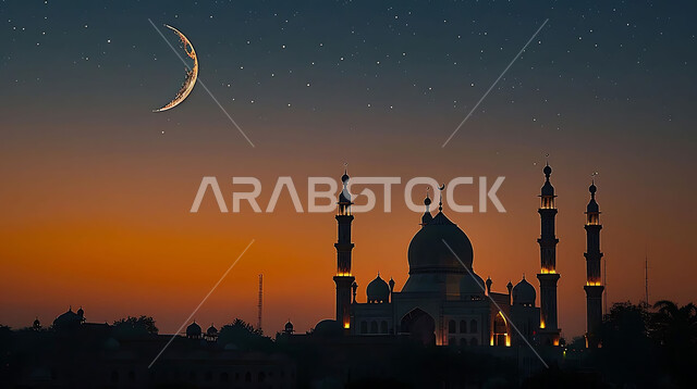 ديكورات وتصاميم متميزة على الطراز الاسلامي للقبب والمآذن المضيئة ليلا، الفن الهندسي المعماري للمساجد، مسجد عربي فاخر، العبادة والتقرب إلى الله، آداء الفرائض والصلوات، خلفيات دينية رمضانية، منظر الهلال في السماء