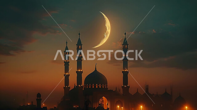 ديكورات وتصاميم متميزة على الطراز الاسلامي للقبب والمآذن المضيئة ليلا، الفن الهندسي المعماري للمساجد، مسجد عربي فاخر، العبادة والتقرب إلى الله، آداء الفرائض والصلوات، خلفيات دينية رمضانية، منظر الهلال في السماء