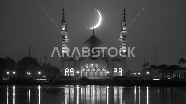 ديكورات وتصاميم متميزة على الطراز الاسلامي للقبب والمآذن المضيئة ليلا، الفن الهندسي المعماري للمساجد، مسجد عربي فاخر، العبادة والتقرب إلى الله، آداء الفرائض والصلوات، خلفيات دينية رمضانية، منظر الهلال في السماء
