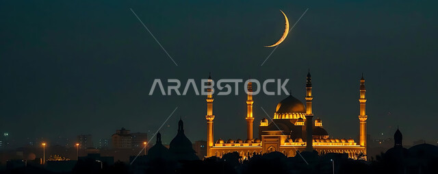 ديكورات وتصاميم متميزة على الطراز الاسلامي للقبب والمآذن المضيئة ليلا، الفن الهندسي المعماري للمساجد، مسجد عربي فاخر، العبادة والتقرب إلى الله، آداء الفرائض والصلوات، خلفيات دينية رمضانية، منظر الهلال في السماء