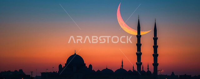 ديكورات وتصاميم متميزة على الطراز الاسلامي للقبب والمآذن المضيئة ليلا، الفن الهندسي المعماري للمساجد، مسجد عربي فاخر، العبادة والتقرب إلى الله، آداء الفرائض والصلوات، خلفيات دينية رمضانية، منظر الهلال في السماء
