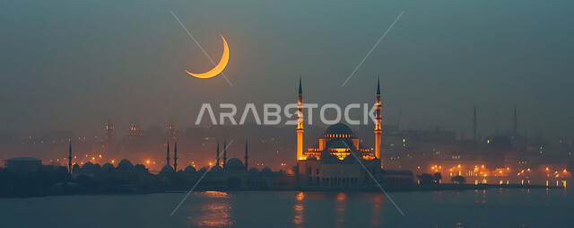 ديكورات وتصاميم متميزة على الطراز الاسلامي للقبب والمآذن المضيئة ليلا، الفن الهندسي المعماري للمساجد، مسجد عربي فاخر، العبادة والتقرب إلى الله، آداء الفرائض والصلوات، خلفيات دينية رمضانية، منظر الهلال في السماء