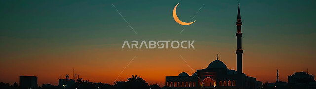 ديكورات وتصاميم متميزة على الطراز الاسلامي للقبب والمآذن المضيئة ليلا، الفن الهندسي المعماري للمساجد، مسجد عربي فاخر، العبادة والتقرب إلى الله، آداء الفرائض والصلوات، خلفيات دينية رمضانية، منظر الهلال في السماء