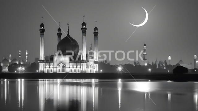 ديكورات وتصاميم متميزة على الطراز الاسلامي للقبب والمآذن المضيئة ليلا، الفن الهندسي المعماري للمساجد، مسجد عربي فاخر، العبادة والتقرب إلى الله، آداء الفرائض والصلوات، خلفيات دينية رمضانية، منظر الهلال في السماء