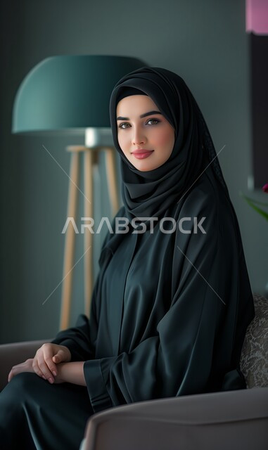 Expressions of happiness and pleasure, personal photos for official documents, modern fashion for veiled women, femininity, softness, interest in outward appearance and elegance, a veiled Saudi Arabian Gulf woman wearing a black abaya sitting on a comfortable chair and looking at the camera
