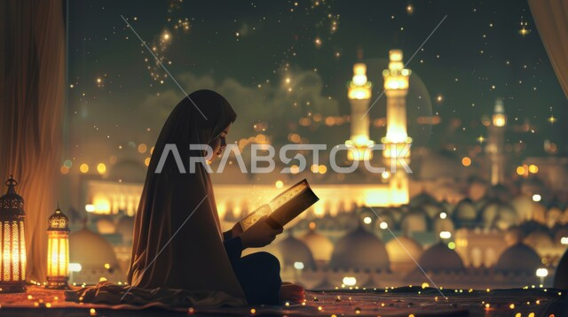 الاكثار من العبادات في الايام الفضيلة, قراءة و تلاوة القرآن الكريم، التقرب الى الله تعالى، الجلسات الروحانية الاسلامية في شهر رمضان المبارك، امرأة عربية خليجية سعودية تحمل بيدها المصحف الشريف تجلس أمام واجهة زجاجية مطلة أحد المساجد الاسلامية ليلا