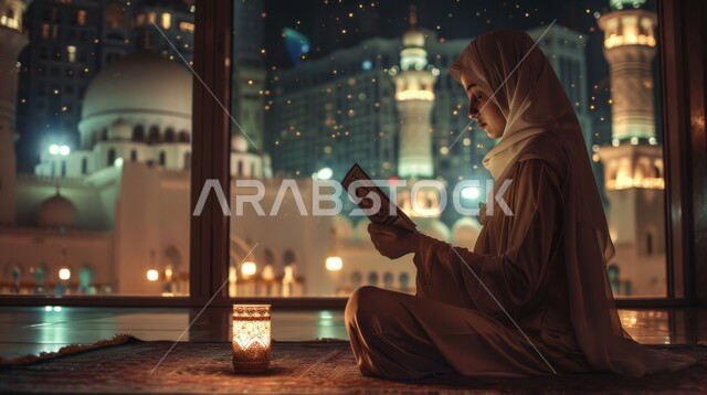 الاكثار من العبادات في الايام الفضيلة, قراءة و تلاوة القرآن الكريم، التقرب الى الله تعالى، الجلسات الروحانية الاسلامية في شهر رمضان المبارك، امرأة عربية خليجية سعودية تحمل بيدها المصحف الشريف تجلس أمام واجهة زجاجية مطلة أحد المساجد الاسلامية ليلا