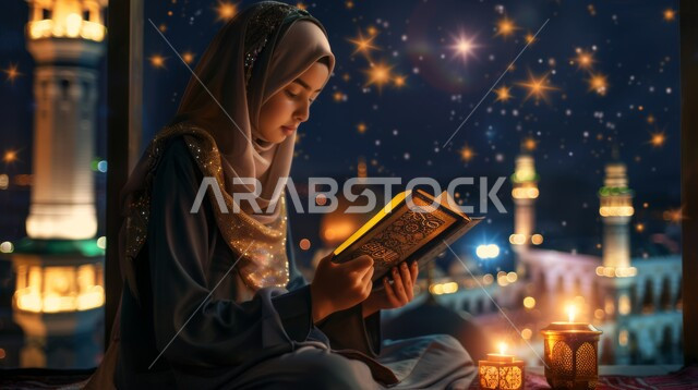 الاكثار من العبادات في الايام الفضيلة, قراءة و تلاوة القرآن الكريم، التقرب الى الله تعالى، الجلسات الروحانية الاسلامية في شهر رمضان المبارك، امرأة عربية خليجية سعودية تحمل بيدها المصحف الشريف تجلس أمام واجهة زجاجية مطلة أحد المساجد الاسلامية ليلا