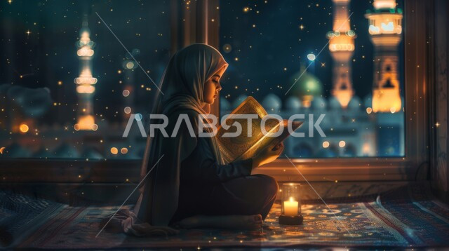 الاكثار من العبادات في الايام الفضيلة, قراءة و تلاوة القرآن الكريم، التقرب الى الله تعالى، الجلسات الروحانية الاسلامية في شهر رمضان المبارك، امرأة عربية خليجية سعودية تحمل بيدها المصحف الشريف تجلس أمام واجهة زجاجية مطلة أحد المساجد الاسلامية ليلا
