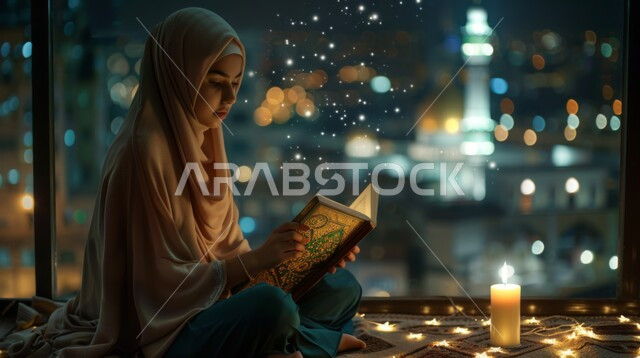 Doing a lot of worship on the holy days, reading and reciting the Holy Qur’an, getting closer to God Almighty, Islamic spiritual sessions in the blessed month of Ramadan, a Saudi Gulf Arab woman holding the Holy Qur’an in her hand, sitting in front of a glass facade overlooking one of the Islamic mosques at night.