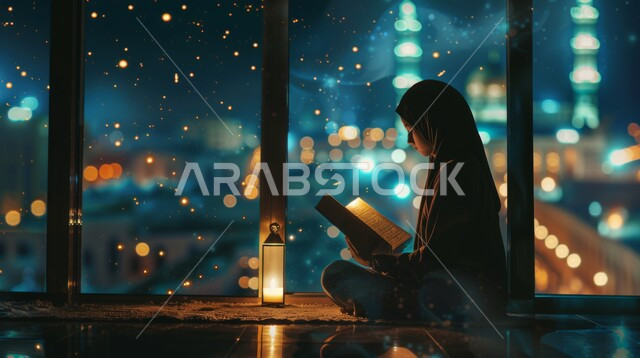 التقرب الى الله تعالى، الجلسات الاسلامية الروحانية في شهر رمضان المبارك، الاكثار من العبادات في الايام الفضيلة, قراءة و تلاوة القرآن الكريم، امرأة عربية خليجية سعودية تحمل بيدها المصحف الشريف تجلس أمام واجهة زجاجية مطلة أحد المساجد الاسلامية ليلا
