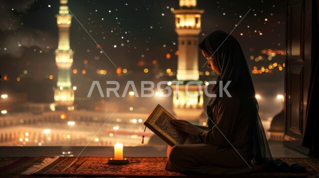 التقرب الى الله تعالى، الجلسات الاسلامية الروحانية في شهر رمضان المبارك، الاكثار من العبادات في الايام الفضيلة, قراءة و تلاوة القرآن الكريم، امرأة عربية خليجية سعودية تحمل بيدها المصحف الشريف تجلس أمام واجهة زجاجية مطلة أحد المساجد الاسلامية ليلا