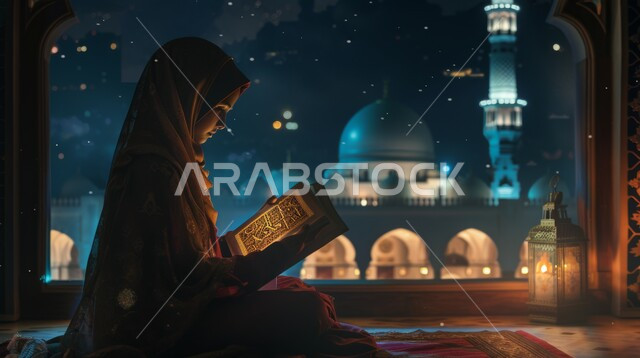 التقرب الى الله تعالى، الجلسات الاسلامية الروحانية في شهر رمضان المبارك، الاكثار من العبادات في الايام الفضيلة, قراءة و تلاوة القرآن الكريم، امرأة عربية خليجية سعودية تحمل بيدها المصحف الشريف تجلس أمام واجهة زجاجية مطلة أحد المساجد الاسلامية ليلا