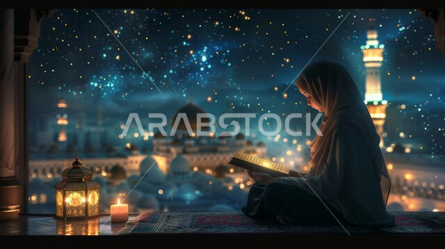 التقرب الى الله تعالى، الجلسات الاسلامية الروحانية في شهر رمضان المبارك، الاكثار من العبادات في الايام الفضيلة, قراءة و تلاوة القرآن الكريم، امرأة عربية خليجية سعودية تحمل بيدها المصحف الشريف تجلس أمام واجهة زجاجية مطلة أحد المساجد الاسلامية ليلا