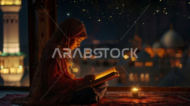 قراءة و تلاوة القرآن الكريم، التقرب الى الله تعالى، الجلسات الاسلامية الروحانية في شهر رمضان المبارك، الاكثار من العبادات في الايام الفضيلة, امرأة عربية خليجية سعودية تحمل بيدها المصحف الشريف تجلس أمام واجهة زجاجية مطلة أحد المساجد الاسلامية ليلا