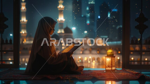 قراءة و تلاوة القرآن الكريم، التقرب الى الله تعالى، الجلسات الاسلامية الروحانية في شهر رمضان المبارك، الاكثار من العبادات في الايام الفضيلة, امرأة عربية خليجية سعودية تحمل بيدها المصحف الشريف تجلس أمام واجهة زجاجية مطلة أحد المساجد الاسلامية ليلا
