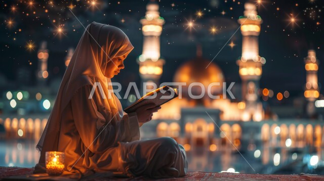 قراءة و تلاوة القرآن الكريم، التقرب الى الله تعالى، الجلسات الاسلامية الروحانية في شهر رمضان المبارك، الاكثار من العبادات في الايام الفضيلة, امرأة عربية خليجية سعودية تحمل بيدها المصحف الشريف تجلس أمام واجهة زجاجية مطلة أحد المساجد الاسلامية ليلا