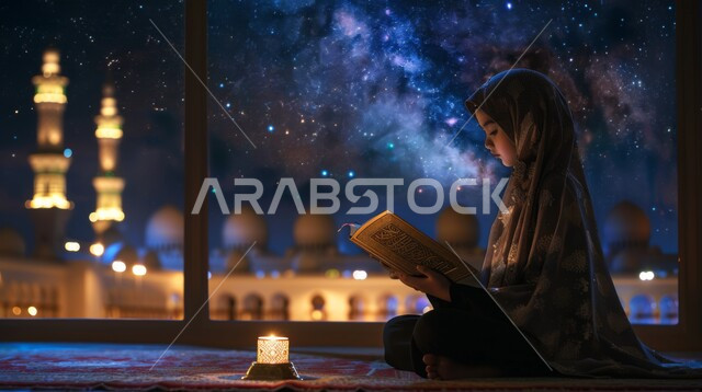 التقرب الى الله تعالى، الجلسات الاسلامية الروحانية في شهر رمضان المبارك، الاكثار من العبادات في الايام الفضيلة, قراءة و تلاوة القرآن الكريم، امرأة عربية خليجية سعودية تحمل بيدها المصحف الشريف تجلس أمام واجهة زجاجية مطلة أحد المساجد الاسلامية ليلا