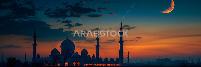  الفن الهندسي المعماري للمساجد، ديكورات وتصاميم متميزة على الطراز الاسلامي للقبب والمآذن المضيئة ليلا، مسجد عربي فاخر، العبادة والتقرب إلى الله، آداء الفرائض والصلوات، خلفيات دينية رمضانية، منظر الهلال في السماء