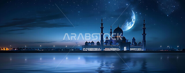  الفن الهندسي المعماري للمساجد، ديكورات وتصاميم متميزة على الطراز الاسلامي للقبب والمآذن المضيئة ليلا، مسجد عربي فاخر، العبادة والتقرب إلى الله، آداء الفرائض والصلوات، خلفيات دينية رمضانية، منظر الهلال في السماء