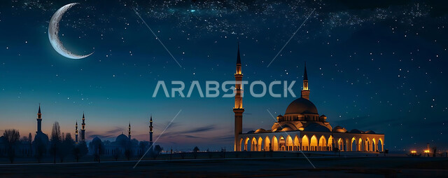 The architectural engineering art of mosques, distinct Islamic-style decorations and designs for domes and minarets illuminated at night, a luxurious Arab mosque, worship and getting closer to God, performing obligatory prayers and prayers, Ramadan religious backgrounds, the view of the crescent in the sky