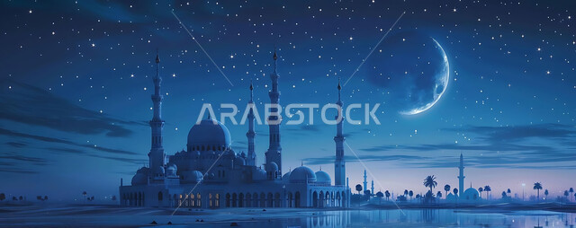  الفن الهندسي المعماري للمساجد، ديكورات وتصاميم متميزة على الطراز الاسلامي للقبب والمآذن المضيئة ليلا، مسجد عربي فاخر، العبادة والتقرب إلى الله، آداء الفرائض والصلوات، خلفيات دينية رمضانية، منظر الهلال في السماء