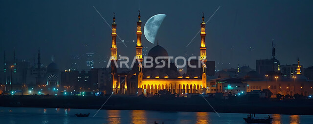  الفن الهندسي المعماري للمساجد، ديكورات وتصاميم متميزة على الطراز الاسلامي للقبب والمآذن المضيئة ليلا، مسجد عربي فاخر، العبادة والتقرب إلى الله، آداء الفرائض والصلوات، خلفيات دينية رمضانية، منظر الهلال في السماء