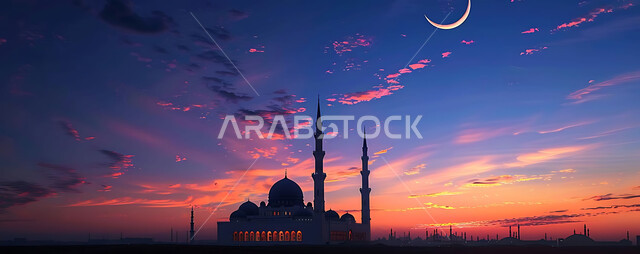  الفن الهندسي المعماري للمساجد، ديكورات وتصاميم متميزة على الطراز الاسلامي للقبب والمآذن المضيئة ليلا، مسجد عربي فاخر، العبادة والتقرب إلى الله، آداء الفرائض والصلوات، خلفيات دينية رمضانية، منظر الهلال في السماء