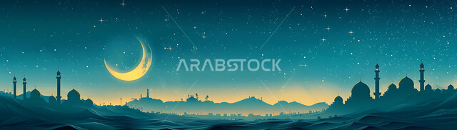  الفن الهندسي المعماري للمساجد، ديكورات وتصاميم متميزة على الطراز الاسلامي للقبب والمآذن المضيئة ليلا، مسجد عربي فاخر، العبادة والتقرب إلى الله، آداء الفرائض والصلوات، خلفيات دينية رمضانية، منظر الهلال في السماء