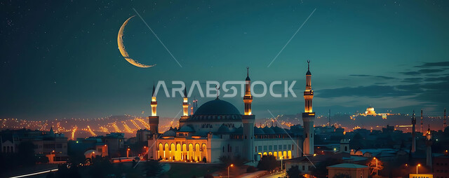  الفن الهندسي المعماري للمساجد، ديكورات وتصاميم متميزة على الطراز الاسلامي للقبب والمآذن المضيئة ليلا، مسجد عربي فاخر، العبادة والتقرب إلى الله، آداء الفرائض والصلوات، خلفيات دينية رمضانية، منظر الهلال في السماء