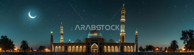  الفن الهندسي المعماري للمساجد، ديكورات وتصاميم متميزة على الطراز الاسلامي للقبب والمآذن المضيئة ليلا، مسجد عربي فاخر، العبادة والتقرب إلى الله، آداء الفرائض والصلوات، خلفيات دينية رمضانية، منظر الهلال في السماء