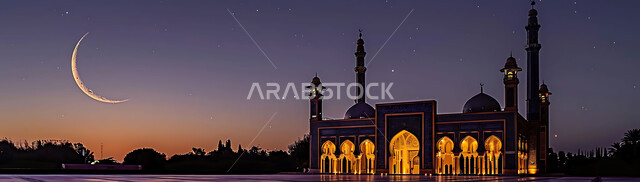  الفن الهندسي المعماري للمساجد، ديكورات وتصاميم متميزة على الطراز الاسلامي للقبب والمآذن المضيئة ليلا، مسجد عربي فاخر، العبادة والتقرب إلى الله، آداء الفرائض والصلوات، خلفيات دينية رمضانية، منظر الهلال في السماء